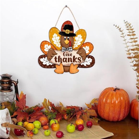 Thanksgiving Give Thanks Turkey Front Door Sign, Fall Wooden Thankful Wreath - Picture 6 of 8